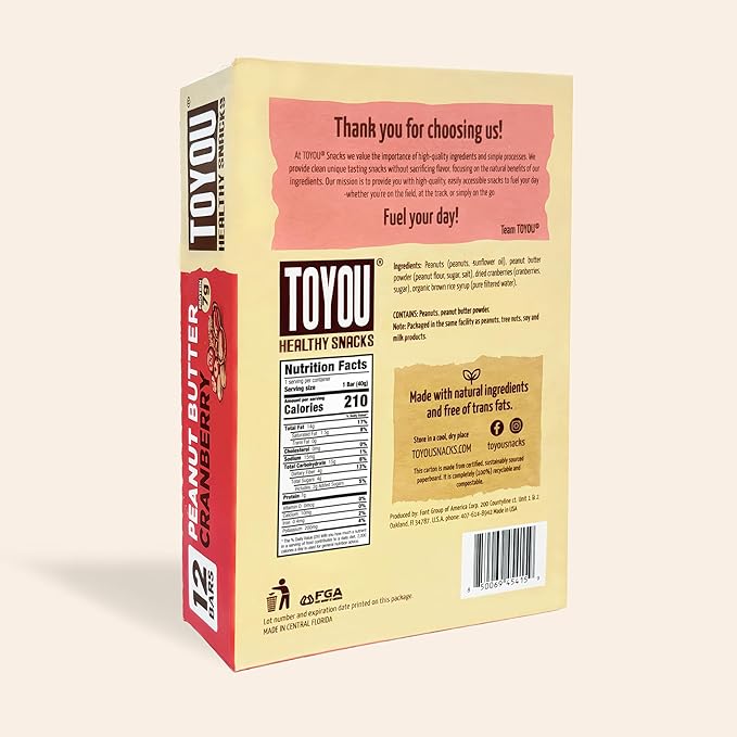 ToYou Gluten Free Chewy Fruit and Nut Bars - Healthy Protein Snacks | Peanut Butter Cranberry - 1.41 Ounce (Pack of 12) | Soft Chewy, Vegan, Fiber-Packed Granola Bars for Adults and Kids, Made with Natural Ingredients