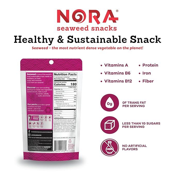 Crispy Spicy Seaweed Snacks by Nora, Thick Nori Sheets Snack Strips, Low-Carb Healthy Snacks for Adults, Asian Snacks, Vegan, Gluten-Free, Non-GMO, 6-Pack
