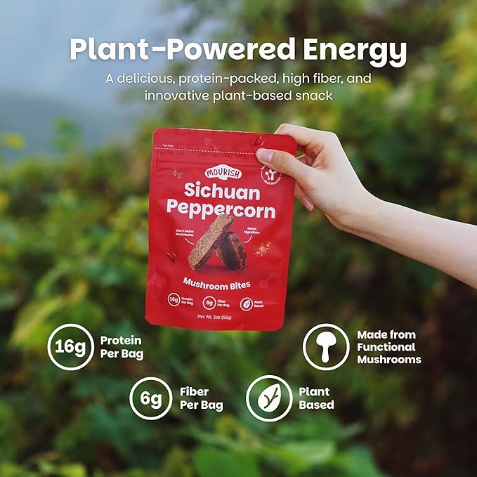 Mourish Vegan Mushroom Bites, Sichuan Peppercorn, 1 Pack (2 oz), Good Source of Protein and Fiber, Plant Based Meat Jerky, Spicy Flavor, Meatless Healthy Snacks for Hiking, Work, Travel & School