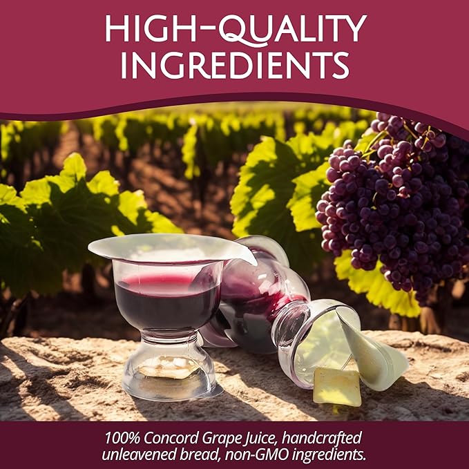 TrueVine Chalice Communion Cups and Wafer Set - Prefilled Cups w/ Fresh Unleavened Bread & Grape Juice - Carefully Packaged & Easy to Open Elements for your Church Services, Fits in Trays (25 Count)