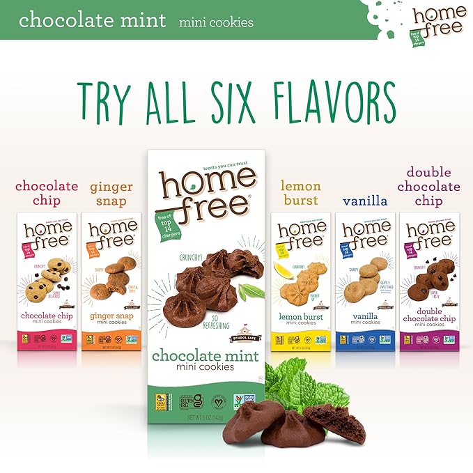Homefree Chocolate Mint Mini Cookies, Gluten Free, Nut Free, Vegan, School Safe and Allergy Friendly Snack, 5 oz. Box (Pack of 6)