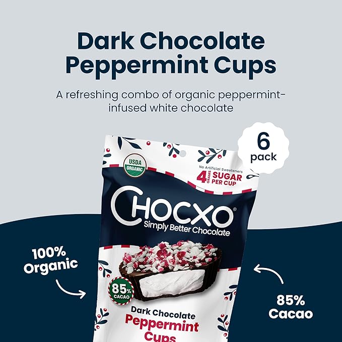 Chocxo Dark Chocolate Peppermint Cups - Lower Sugar Christmas Candy, 85% Organic Cacao, NonGMO, Keto, Gluten Free, Kosher. No Artificial Sweeteners/Sugar Alcohols, 3.45 oz (Pack of 6)