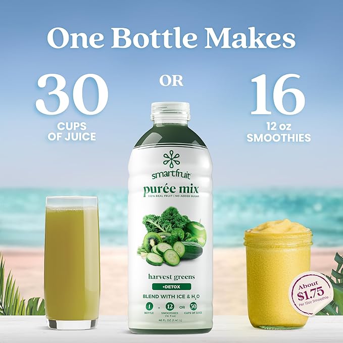 Smartfruit Harvest Greens + Detox – 100% Real Fruit Purée with Kiwi, Cucumber, Kale, Spinach, Lemongrass, Apple, Banana – Great for Smoothies, Juice, Yogurt, Cocktails, Teas & More – 48oz