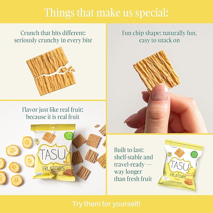 TASU Banana Dried Fruit Chips - 100% Natural, Crispy, Crunchy, and Allergen-Free Healthy Snacks for Kids & Adults, Vegan, Gluten-Free, No Added Sugar, No Oils Added, Perfect for Lunch Bags and On-the-Go Snacks| 12 Pack (1 Oz Each)