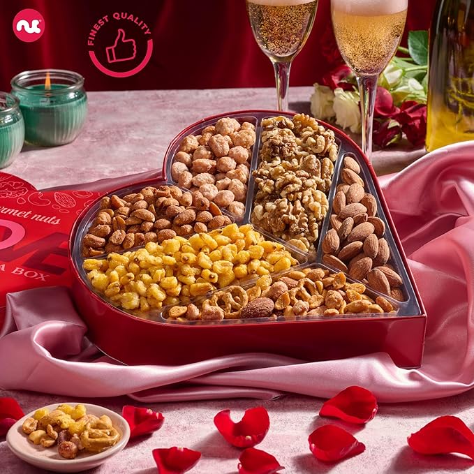NUT CRAVINGS - Valentines Day Mixed Nuts Heart Shaped Gift Basket, Love in A Box (6 Assortments, 2 LB) Romantic Food Arrangement, Healthy Snack Care Package, Food Assortments