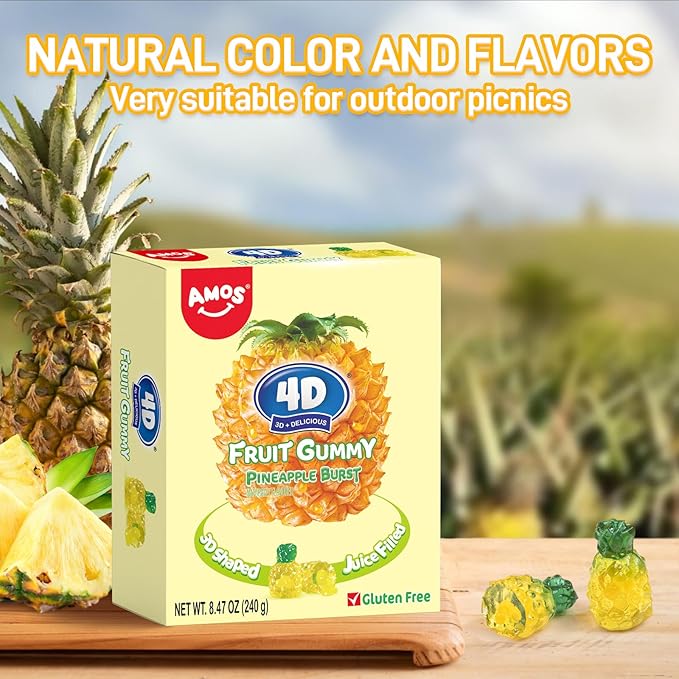 AMOS 4D Gummy Candy Pineapple Burst – 3D Pineapple Shaped, Jelly-Filled, Natural Flavor Fruit Gummy – 240g Box (Pack of 10) – Fruit-Filled Gummy Treats for Kids and Adults