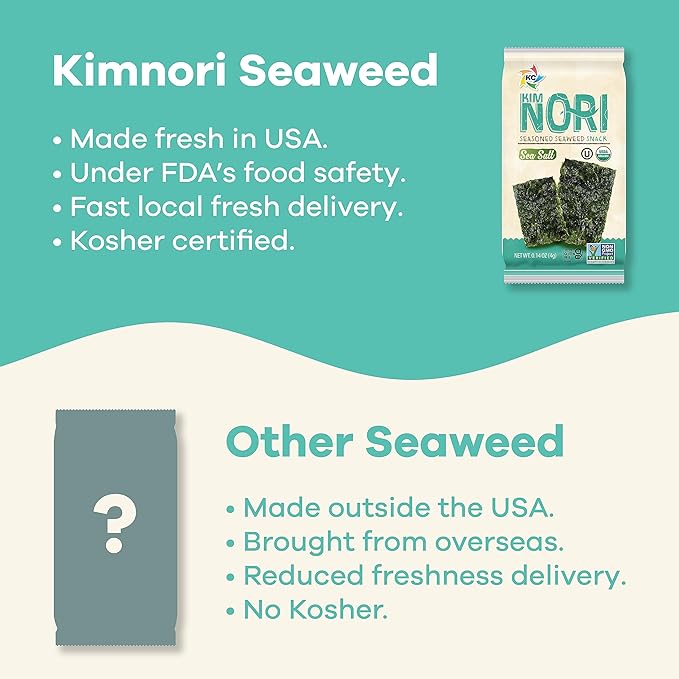 KIMNORI Seasoned Seaweed Snacks Sheets – Organic Sea Salt Flavor 24 Individual Packs Roasted Crispy Premium 100% Natural Laver Kim Nori 4g 0.14 Ounce