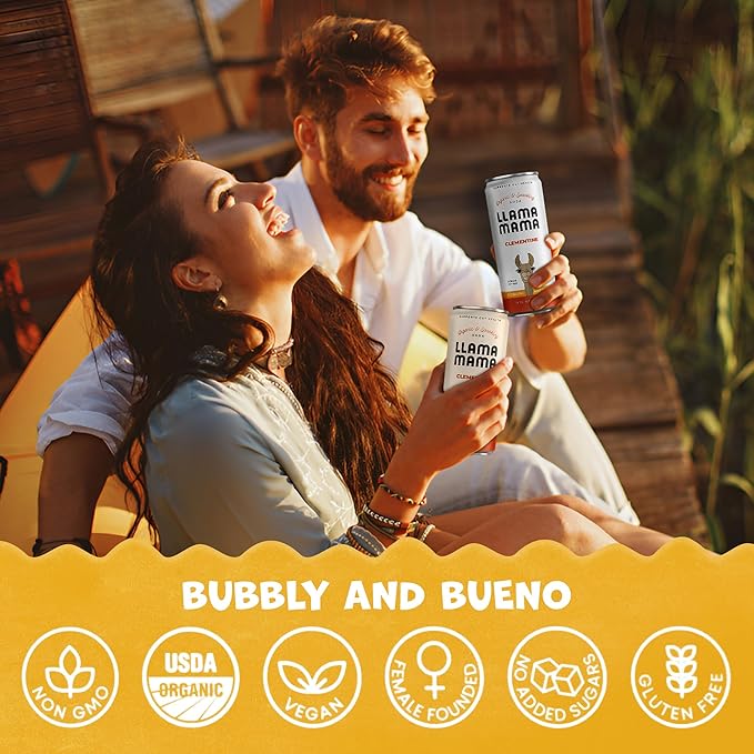 Llama Mama Clementine Organic Sparkling Prebiotic Soda • Gut & Immune Support • High Vitamin C, Antioxidants • NO Sugar • NO Artificial Sweeteners • NO Stevia • Vegan Plant Fiber • 12 Pack
