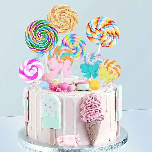 Candyland Cupcake Toppers Lollipop Cake Decoration Candy Party Decorations Colorful Candy Bow Cupcake Toppers
