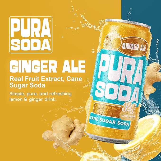 PuraSoda® Ginger Ale Low-Calorie Cane Sugar Soda - Made with Pure Cane Sugar, No Stevia or Artificial Blends - Non-GMO, Vegan, Clean & Refreshing Ginger Soft Drink - 10.1 fl oz Cans, Pack of 24