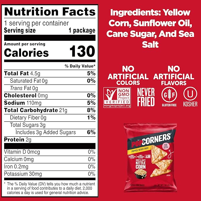 PopCorners Popped Corn Snacks, Kettle Corn, 1 Ounce (Pack of 20) (Packaging May Vary)