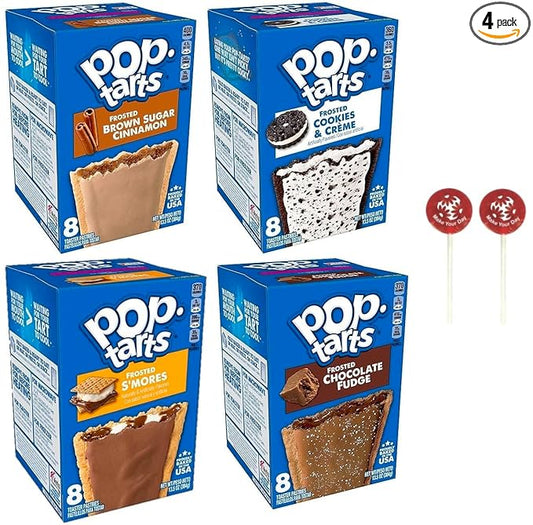 Pop Tarts Frosted Toaster Pastry Variety, Brown Sugar Cinnamon, Cookies & Creme, Smores, and Chocolate Fudge, 13.5 Ounce (Pack of 4) - with Two MYD Lollipops or Bag Clip