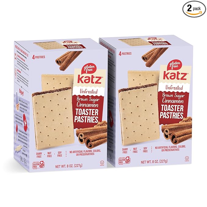 Katz Gluten Free Unfrosted Cinnamon Toaster Pastries. School Snacks. Free of Dairy, Peanuts, Tree Nuts, and Sesame, No Artificial Color. Kosher. 8oz (2pk)