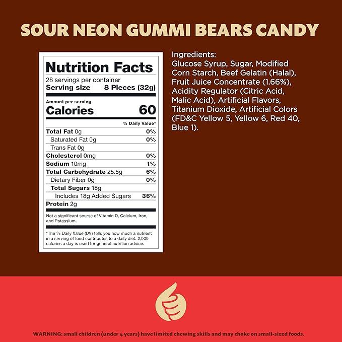 Neon Sour Gummi Bears Candy Bulk | 2 Pound Bag | Assorted Fruit Flavored Sour Gummies | Colorful Chewy Candy for Parties, Buffets, and Dessert Decorating
