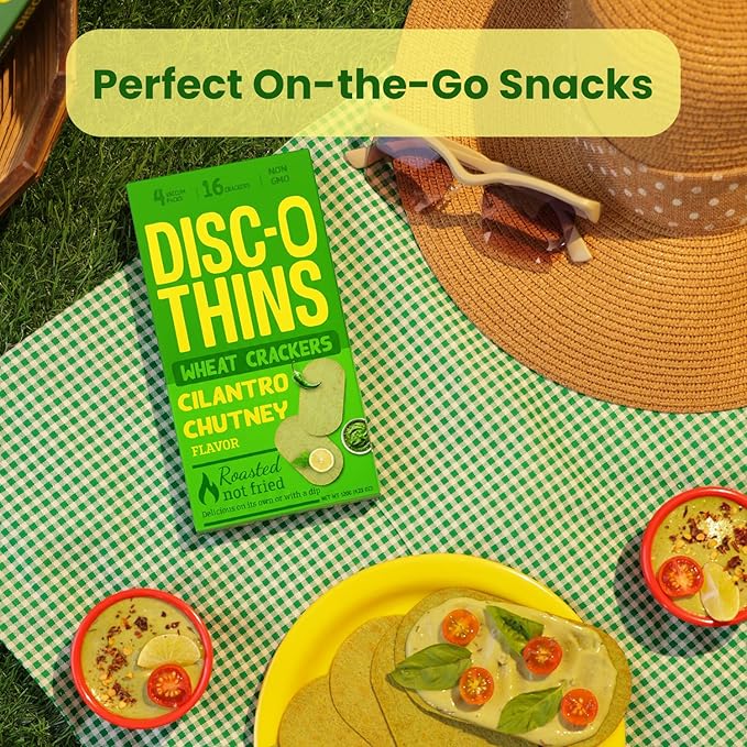 Disc-O Thins Whole Wheat Crackers - Crunchy Roasted Snack, High-Fiber & Low-Fat On-the-go Snack Chips, 96pcs (Cilantro Mint Chutney) - Vegan Healthy Travel Snack, Non-GMO - Great with Spicy Dips, Salsa or Beer
