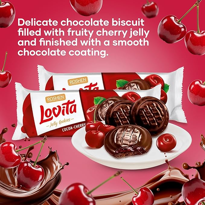 Roshen Lovita Cookies with Cherry Jelly Filling, 4.76 oz, Chocolate Biscuit with Juicy Cherry Jelly & Signature Chocolate Glaze, European Gourmet Cookies, Pack of 2