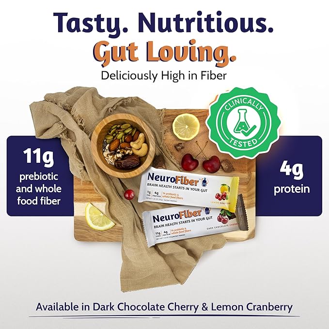 NeuroFiber Prebiotic Fiber Bars – Best High Fiber Snacks for Adults - Plant-Based Prebiotic - Gut + Brain Health Support - Gluten Free, Vegan - Lemon Cranberry/Dark Chocolate Cherry (14 Bars)