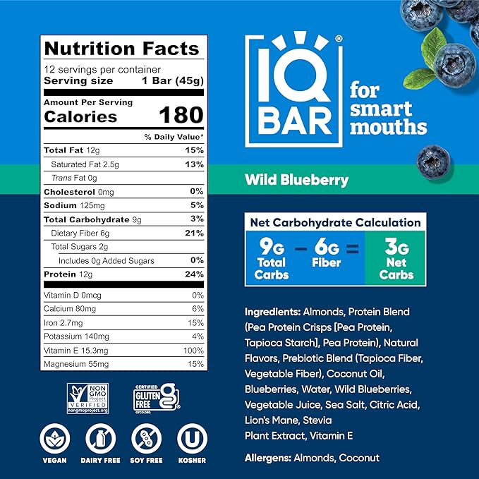 IQBAR Brain and Body Plant Protein Bars - Wild Blueberry - 12-Count - Keto, Vegan, Low Carb, High Fiber, Gluten Free, Dairy Free, Low Sugar Snack with Nutrients for Focus, Energy, Meal Replacement