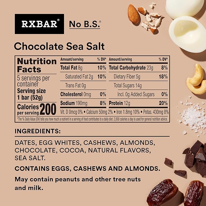 RXBAR Protein Bars, Protein Snack, Snack Bars, Chocolate Sea Salt, 9.1oz (5 Count)