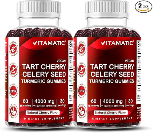 Vitamatic Tart Cherry with Celery Seed Gummies – 4000mg Equivalent Per Serving (from 10:1 Extract, 400mg) - 2-Pack