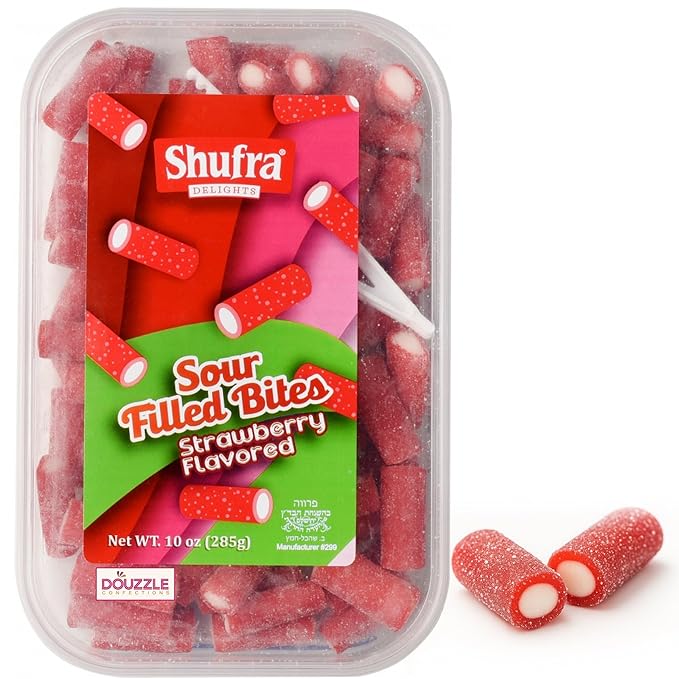 DOUzzle Valentines Day Sweet Treats, Sour Bites Chewy Candy Strips Strawberry Flavored Sour Filled Bites (10 OZ - Pack of 1) Goodie Bag Stuffer, Pinata Filler - Kosher Parve