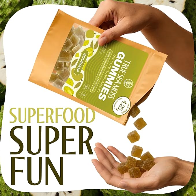 True Sea Moss Gummies – High Potency 4250mg Wildcrafted Irish Sea Moss Gel Extract per Serving + Soursop Flavor – Made with Coconut Sugar & Fruit Purée – 30 Gummies (30 Servings)