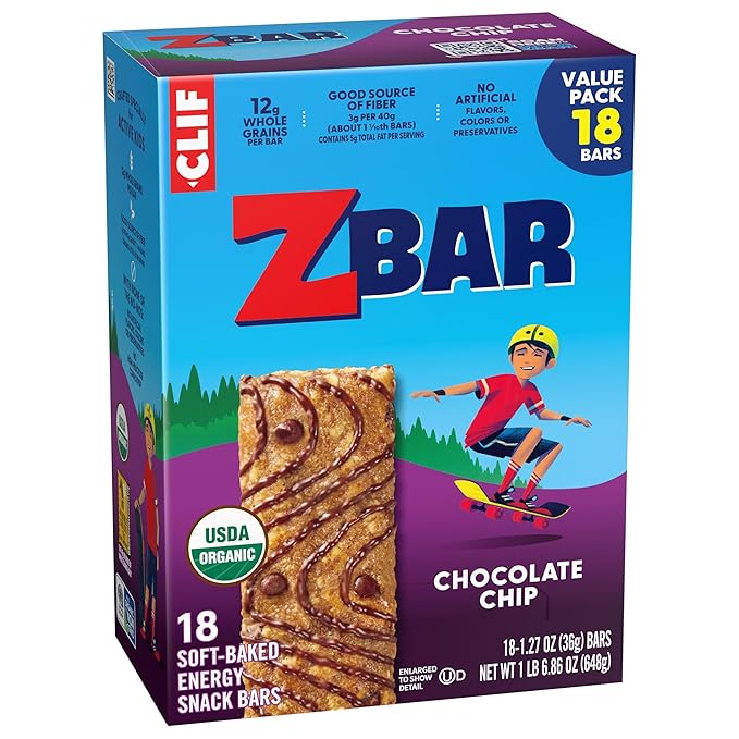 Zbar - Chocolate Chip - Soft-Baked Energy Snack Bars - Non-GMO - 12g Whole Grains - USDA Organic Granola Bars (18 Pack)