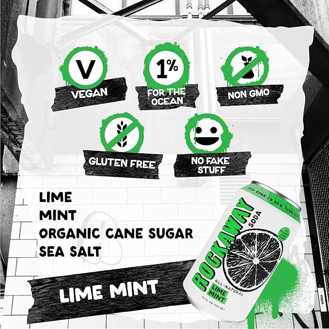 ROCKAWAY Lime Mint Soda Drinks - Low calorie drinks made from Real Fruit Juice, All Natural - Soda Pop Drinks Gluten Free, Vegan, GMO Free - 12oz (12 Pack)