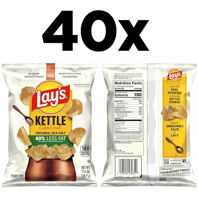 Lay's Kettle Cooked Potato Chips, 40% Less Fat Original, 1.375 Ounce (Pack of 64)