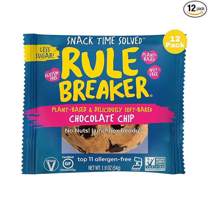 Rule Breaker Vegan & Gluten Free Cookies | Chocolate Chip | Plant-Based, Dairy, Nut, Soy, Allergen Free | Soft-Baked, Great School Snacks for Kids & Adults, Individually Wrapped (Pack of 12)