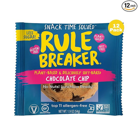 Rule Breaker Vegan & Gluten Free Cookies | Chocolate Chip | Plant-Based, Dairy, Nut, Soy, Allergen Free | Soft-Baked, Great School Snacks for Kids & Adults, Individually Wrapped (Pack of 12)