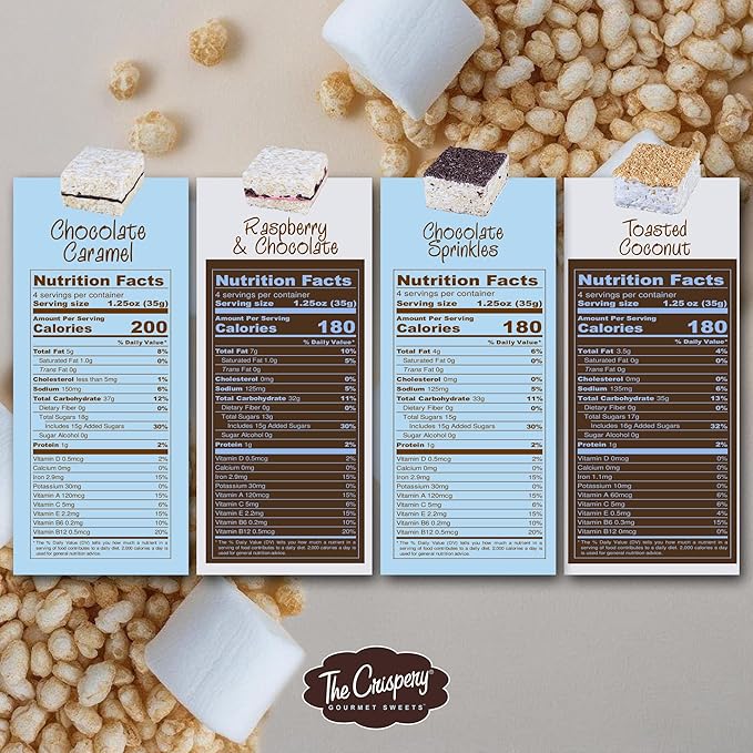 The Crispery Crispycakes – Jumbo Size Pack of 12 Individually Wrapped Assorted Flavor Gourmet Marshmallow Rice Crispycakes, always soft and gooey, packed with fresh ingredients. Made in the USA.