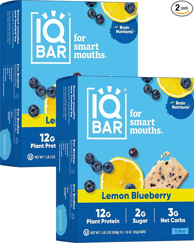 IQBAR Brain and Body Plant Protein Bars - Lemon Blueberry - 24-Count - Keto, Vegan, Low Carb, High Fiber, Gluten Free, Dairy Free, Low Sugar Snack with Nutrients for Focus, Energy, Meal Replacement