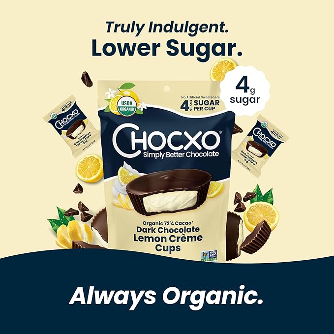 Chocxo Dark Chocolate Lemon Crème Cups - Lower Sugar, Organic 72% Cacao, NonGMO, Keto, Gluten Free, Kosher, No Artificial Sweeteners/Sugar Alcohols, 3.45 oz (Pack of 6)