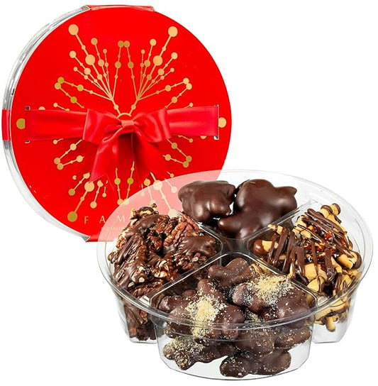 Nut Clusters Chocolate Gift Red Box - Assorted Variety of Caramel Brittles, Pecan Patties, Almond, Cashew Clusters, Kosher - Dairy Free Nuts and Chocolate Gift Basket - Holiday Chocolate Covered Nuts Assortment for Corporate Gifting