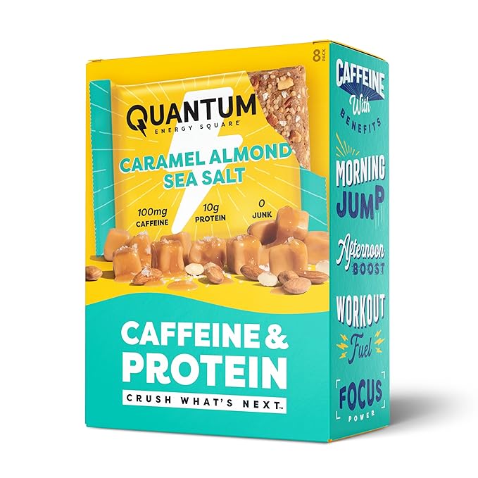 Quantum Energy Square: Energy Bar with Caffeine & 10g Protein. Delicious Healthy Snack On The Go. (Vegan, Gluten-free, Soy-free, Dairy-free) (Caramel Almond Sea Salt)