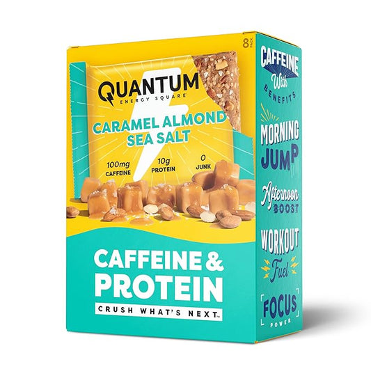 Quantum Energy Square: Energy Bar with Caffeine & 10g Protein. Delicious Healthy Snack On The Go. (Vegan, Gluten-free, Soy-free, Dairy-free) (Caramel Almond Sea Salt)