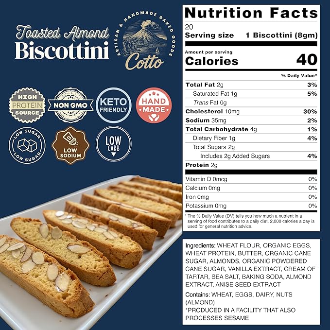 Toasted Almond Biscottini – Keto Friendly | 3g Net Carbs & 2g Sugar |High Protein, Authentic Italian Style, Low Carb, Low Sugar, Gourmet Biscotti Cookie Snack