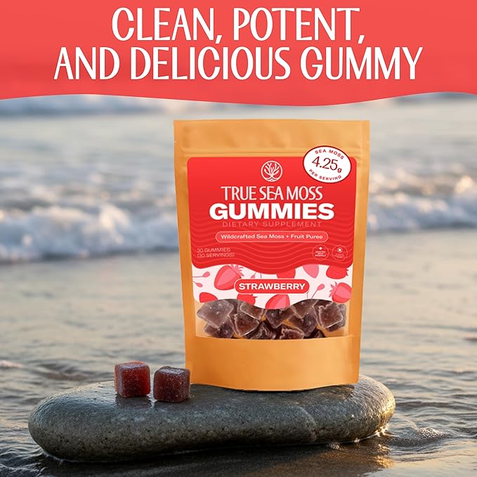 True Sea Moss Gummies – High Potency 4250mg Wildcrafted Irish Sea Moss Gel Extract per Serving + Strawberry Flavor – With Coconut Sugar & Real Fruit Purée – 30 Gummies (30 Servings)