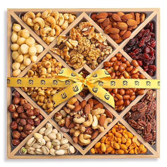 Gourmet Mixed Nuts Gift Basket in Sleek Bamboo Wood Reusable Platter | XL 2.5 lb Platter Includes 12 Assortments of Premium Nuts, Kosher
