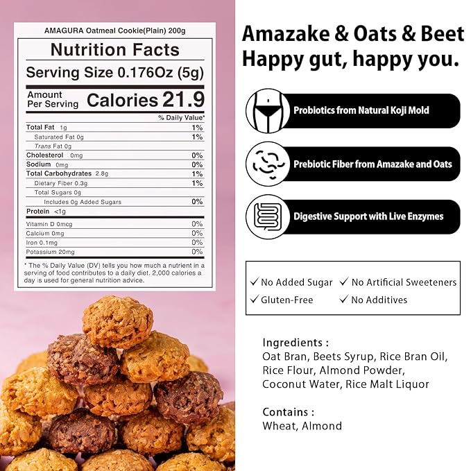 ［AMAGURA］Japanese Amazake Oatmeal Cookies Variety Pack 7oz (Pack of 4) | Japanese superfood, Natural Healthy Cookies, Probiotics, Gut Health, Gluten Free, No Sugar Added, Rich Nutrients and Fiber
