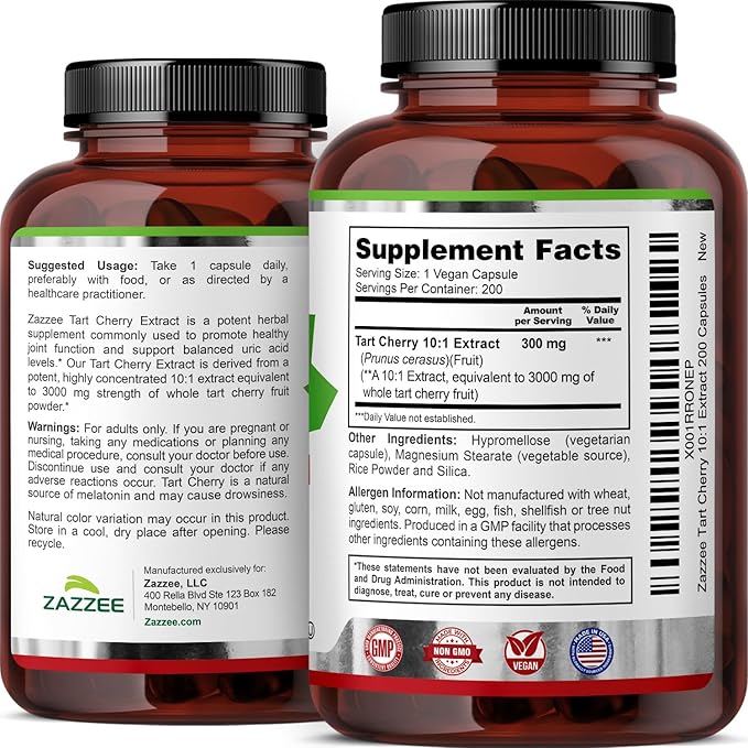 Zazzee Tart Cherry 10:1 Extract, 3000 mg Strength, 200 Vegan Capsules, 6+ Month Supply, Certified Kosher, Concentrated and Standardized 10X Extract, 100% Vegetarian, All-Natural, Gluten Free, Non-GMO