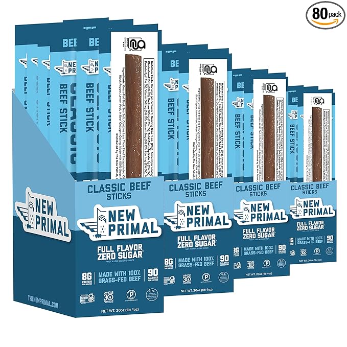 The New Primal Grass Fed Beef Sticks, Keto, Gluten Free Healthy Snacks for Adults, Sugar Free Low Carb High Protein Snack, Paleo Whole30 Jerky Meat Stick, 8g Protein, 90 Calories, 80 Pack