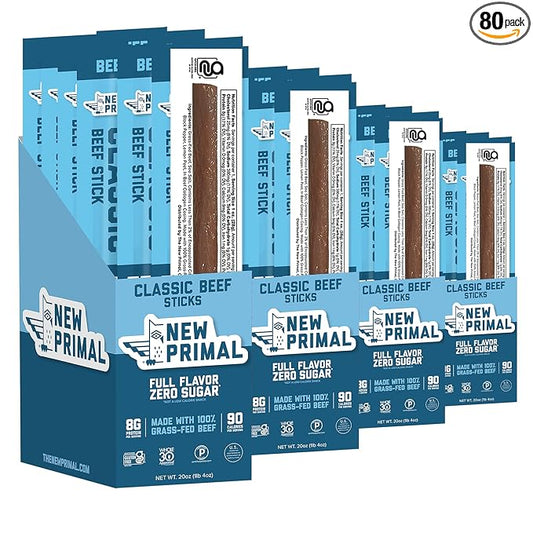 The New Primal Grass Fed Beef Sticks, Keto, Gluten Free Healthy Snacks for Adults, Sugar Free Low Carb High Protein Snack, Paleo Whole30 Jerky Meat Stick, 8g Protein, 90 Calories, 80 Pack