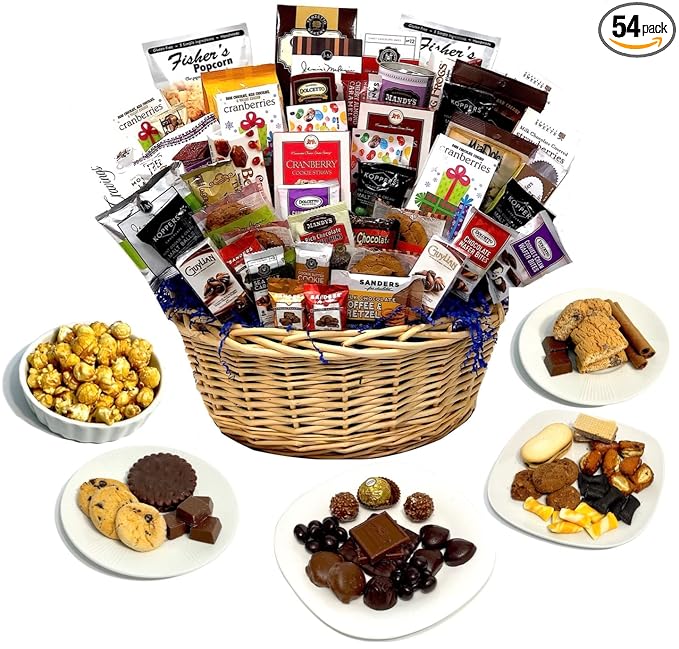 Hand-Crafted 54 Piece customizable chocolate gift basket of gourmet chocolates, cookies, and crunches. Tasty treats selected for businesses, clients, employees, birthdays, thank you and more!