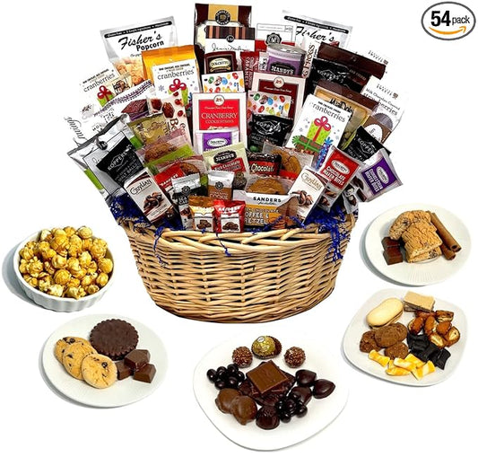 Hand-Crafted 54 Piece customizable chocolate gift basket of gourmet chocolates, cookies, and crunches. Tasty treats selected for businesses, clients, employees, birthdays, thank you and more!