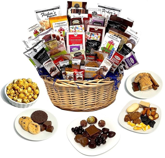 Hand-Crafted 54 Piece customizable chocolate gift basket of gourmet chocolates, cookies, and crunches. Tasty treats selected for businesses, clients, employees, birthdays, thank you and more!