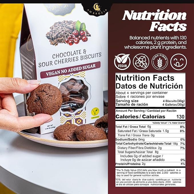 Ambrozia Vegan Snack Biscuits – Chocolate & Sour Cherry - Soft Baked, No Added Sugar, Clean Label, High Fiber & Wholesome Ingredients, Kid-Friendly, Healthy Snacks for Active Lifestyles, 4 x 4.58 Oz