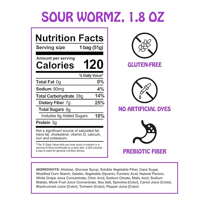 Rotten Sour Gummy Worms - Low Sugar, Low Calorie, 7g Gut-Friendly Prebiotic Fiber and 3g Protein, Gluten Free Candy - 1.8 oz - 8-Pack