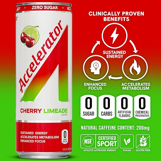 Accelerator Energy Drink, Cherry Limeade 12oz can (12 pack), Zero Sugar, Sustained Energy from 100% Natural Caffeine (200mg from Green Coffee Bean & Green Tea extract)